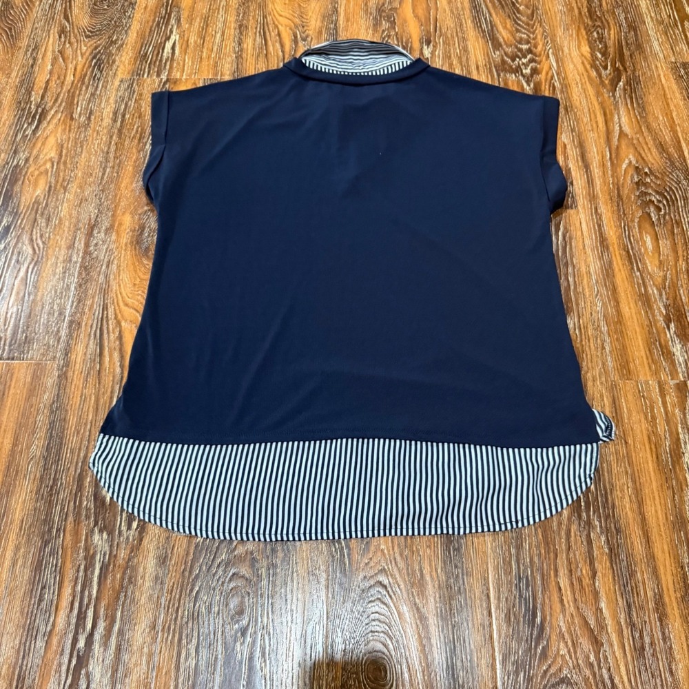 Adrianna Papell Womens Navy Blue Striped Mixed Media V-Neck Blouse Top Size M - Picture 2 of 6